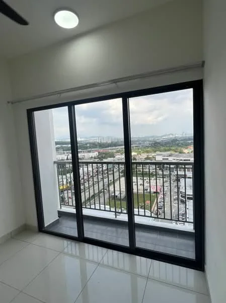 Room features: floor-to-ceiling sliding glass door, white painted walls, grey tiled flooring, ceiling light, balcony view, city skyline view; style: modern; view: city.