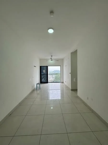 Room features: white painted walls, glossy ceramic tile flooring, ceiling light fixture, 5-blade ceiling fan, floor-to-ceiling windows, sliding glass door, view of city skyline; style: modern; view: city.
