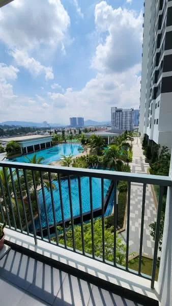 Balcony features: metal railing, floor tiles, view of swimming pool, view of landscaped garden, view of city skyline, potted plants; style: modern; view: pool.
