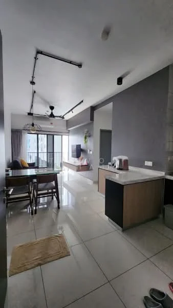 Kitchen features: white painted walls, grey accent wall, marble tile flooring, ceiling with exposed beams, 5-blade ceiling fan with light, kitchen island with countertop, stainless-steel sink, chrome pull-down faucet, built-in cabinets, refrigerator, microwave, dining table with chairs, floor-to-ceiling windows, curtains, area rug; style: modern; view: city.