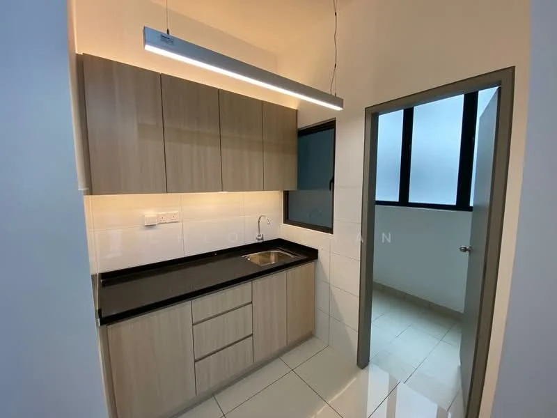 Kitchen features: laminate cabinetry in light wood finish, black granite countertop, single-bowl stainless-steel sink, chrome pull-down faucet, white tiled backsplash, recessed LED downlights, wall-mounted cabinet, floor tiles in glossy finish, window with frosted glass, door leading to adjacent room; style: modern.