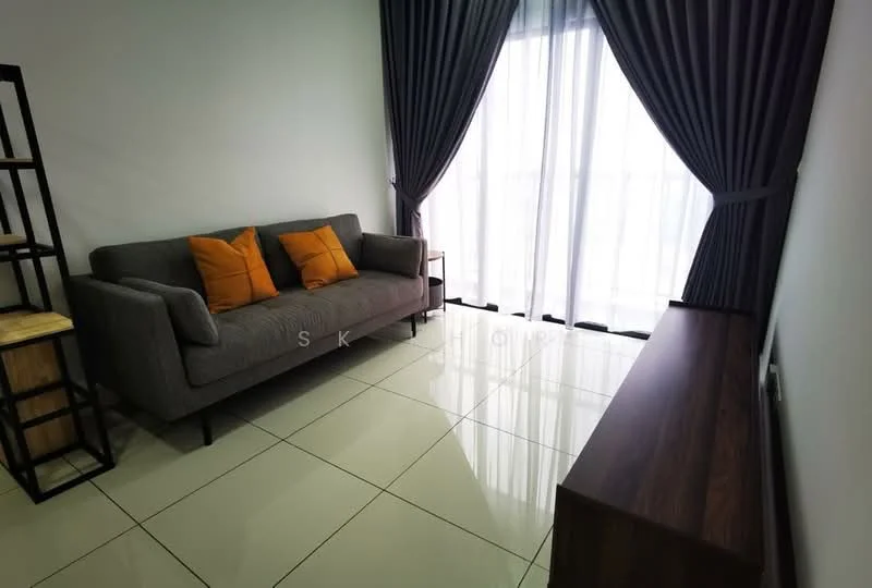 Living features: grey fabric sofa, orange decorative cushions, wooden TV console, floor-to-ceiling windows, sheer curtains, dark grey curtains, glossy tile flooring, decorative shelving unit; style: modern.