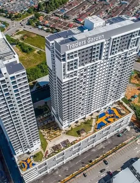 Exterior type: high-rise condominium; features: white painted facade, glass curtain wall, recessed balconies, landscaped garden area, outdoor seating areas, multi-storey car park, surrounded by greenery, urban context, visible parking lot, signage on building; style: modern.