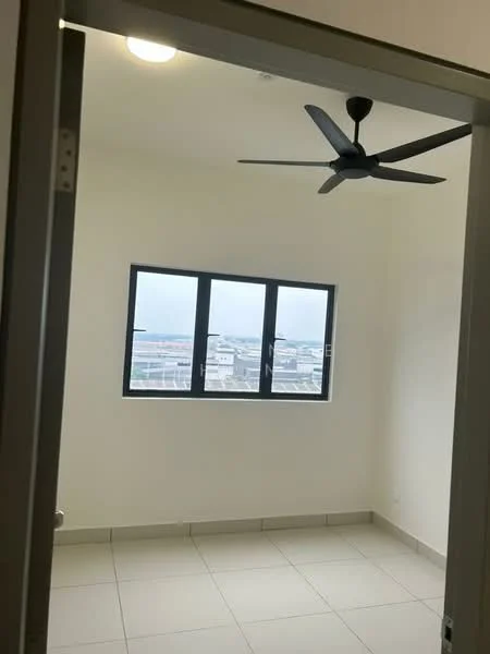Room features: white painted walls, tile flooring, 5-blade ceiling fan, floor-to-ceiling windows, city view; view: city.