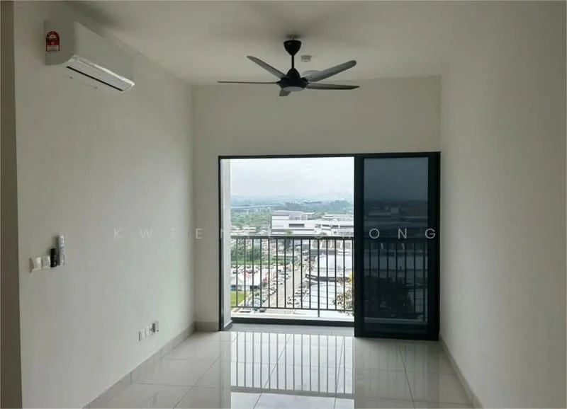 Living features: white painted walls, glossy ceramic tile flooring, 5-blade ceiling fan with light, floor-to-ceiling sliding glass door, balcony with railing, city view, wall-mounted split AC; style: modern; view: city.
