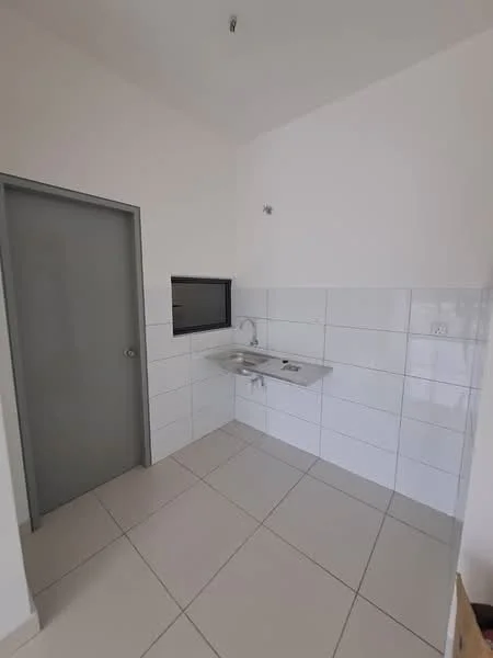 Laundry features: white tiled walls, light grey painted door, single-bowl stainless-steel sink, chrome faucet, white ceramic floor tiles, window for natural light, wall-mounted electrical outlet, minimalist design; style: modern.