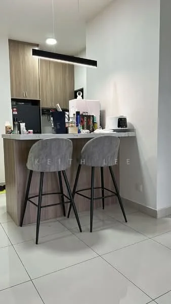 Kitchen features: light wood cabinetry, white countertop, stainless-steel appliances, built-in microwave, toaster, kettle, 2 bar stools, pendant light fixture, white tiled flooring, black refrigerator, coffee machine; style: modern.