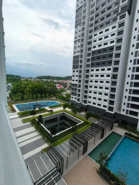 Exterior type: high-rise condominium; features: swimming pool, infinity pool, landscaped garden, manicured lawn, outdoor seating area, children's playground, parking deck, modern facade with glass and concrete, multiple levels of outdoor amenities; style: modern.