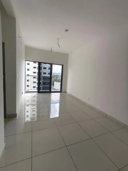 Living features: white painted walls, glossy ceramic tile flooring, floor-to-ceiling sliding glass door, balcony access, recessed downlights, no visible furniture, neutral color scheme, city view from balcony; style: modern; view: city.