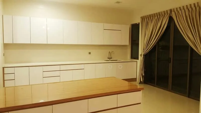 Kitchen features: white flat-panel cabinets, wooden countertop, single-bowl stainless-steel sink, chrome pull-down faucet, ceramic tile flooring, recessed downlights, sliding glass door, sheer curtains; style: modern.