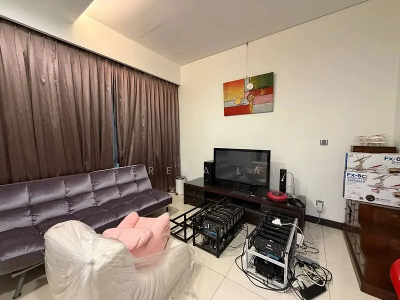 Living features: 3-seater fabric sofa in grey, pink accent cushion, coffee table, wall-mounted TV, TV console, framed artwork on wall, curtains in brown, tile flooring, decorative wall with light color, side cabinet; style: modern.