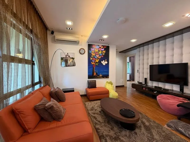Living features: orange leather sofa with cushions, round wooden coffee table, area rug with soft texture, wall-mounted flat-screen TV, decorative wall art with floral design, recessed ceiling lights, wall-mounted air conditioning unit, large windows with sheer curtains, wooden flooring, accent wall with tufted design; style: modern.