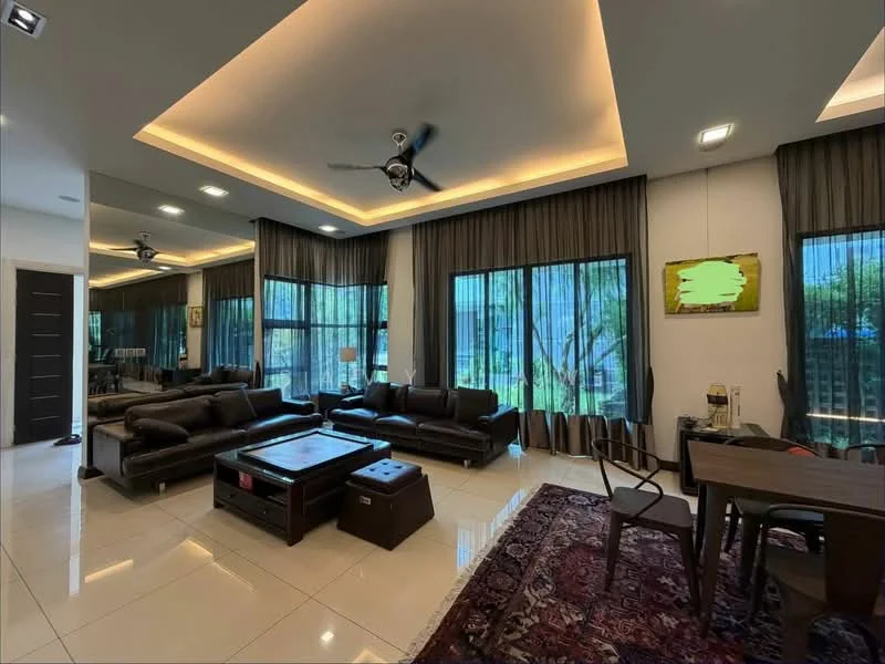 Living features: 5-blade ceiling fan with integrated LED light, recessed downlights, dark leather sectional sofa, 2-seater leather sofa, coffee table, area rug with geometric pattern, large windows with sheer curtains, tile flooring, decorative wall art, dining table with chairs; style: modern; view: garden.