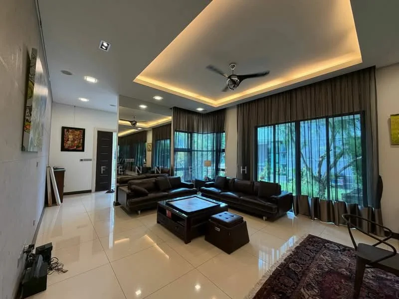 Living features: 3-seater leather sofa in black, 2-seater leather sofa in black, coffee table, area rug with geometric pattern, floor-to-ceiling windows, sheer curtains, recessed downlights, ceiling fan with light, wall-mounted artwork, white painted walls, polished tile flooring, greenery view from windows; style: modern; view: garden.