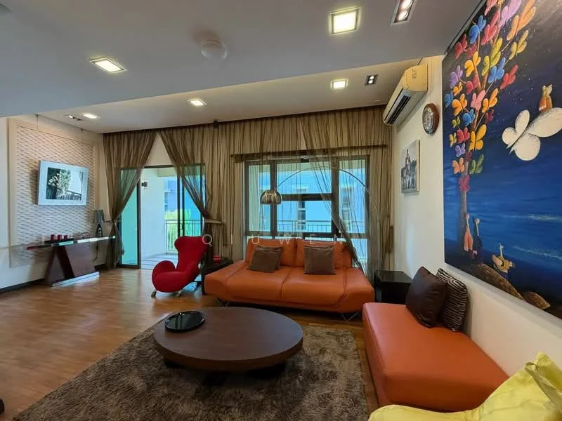 Living features: orange leather sofa, 3-seater fabric sofa in grey, round wooden coffee table, area rug with geometric pattern, wall-mounted TV, floor-to-ceiling windows, sheer curtains, recessed downlights, decorative wall art with colorful butterflies, wooden flooring, ceiling-mounted air conditioning unit, accent chair in red; style: modern; view: garden.