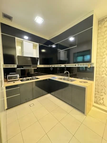 Kitchen features: black high-gloss cabinetry, light wood countertop, stainless-steel sink, chrome pull-down faucet, built-in gas hob, built-in range hood, ceramic tile flooring, recessed downlights, window with sheer curtains; style: modern.