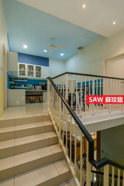 Room features: staircase with white railing, blue painted ceiling, cream painted walls, tile flooring, built-in cabinetry with glass doors, open shelving, ceiling fan, recessed lighting; style: modern.