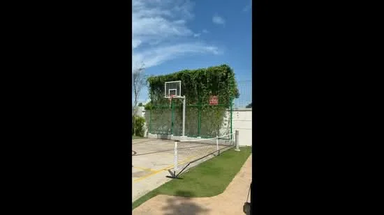 Exterior features: basketball hoop, greenery covering the backboard, paved surface, manicured lawn, clear blue sky, fence surrounding the area; style: modern.