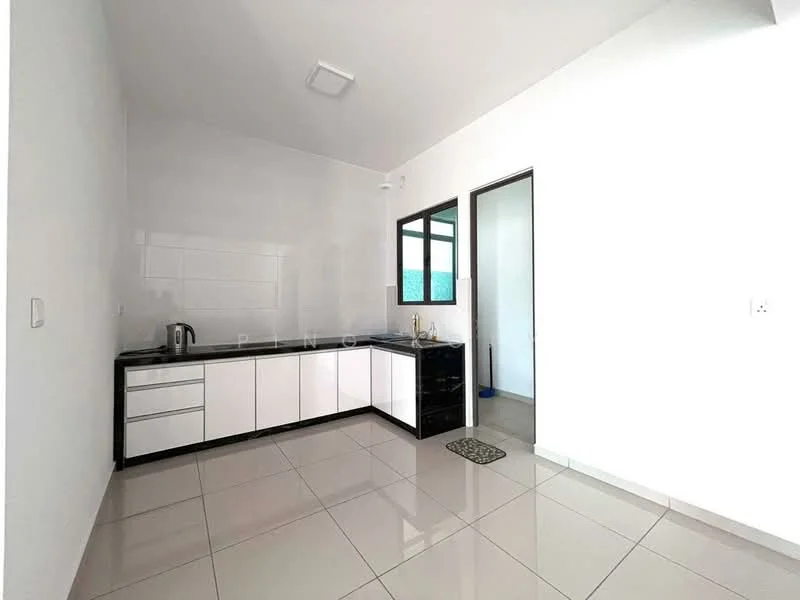 Kitchen features: white cabinetry with flat-panel doors, black countertop, stainless-steel sink, chrome faucet, white tiled backsplash, built-in kitchen appliances, ceramic tile flooring, large window for natural light, recessed ceiling lights, open layout, doorway leading to another room; style: modern.