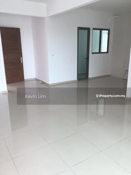 Room features: white painted walls, glossy ceramic tile flooring, wooden door, glass panel door, recessed ceiling lights, neutral color scheme, corner windows, open layout; style: modern.