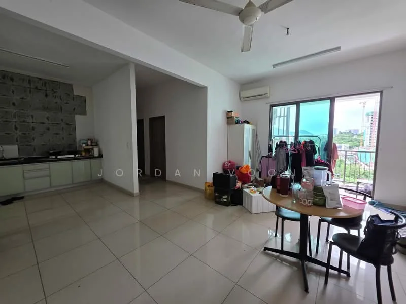 Living features: white painted walls, glazed tile flooring, ceiling fan, floor-to-ceiling windows, balcony access, dining table with chairs, open kitchen layout, kitchen cabinetry, kitchen countertop, refrigerator, various boxes and bags; view: city. Kitchen features: white cabinetry, kitchen countertop, stainless-steel sink, built-in stove, open layout.