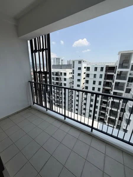 Balcony features: tiled flooring, metal railing, open view, city skyline view, sliding glass door access, white walls, overhead ceiling, no furniture; style: modern; view: city.