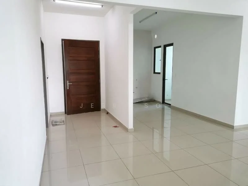 Room features: white painted walls, glossy ceramic tile flooring, wooden door, glass window, recessed ceiling lights, neutral color scheme, open layout, corner wall with no visible features; style: modern.