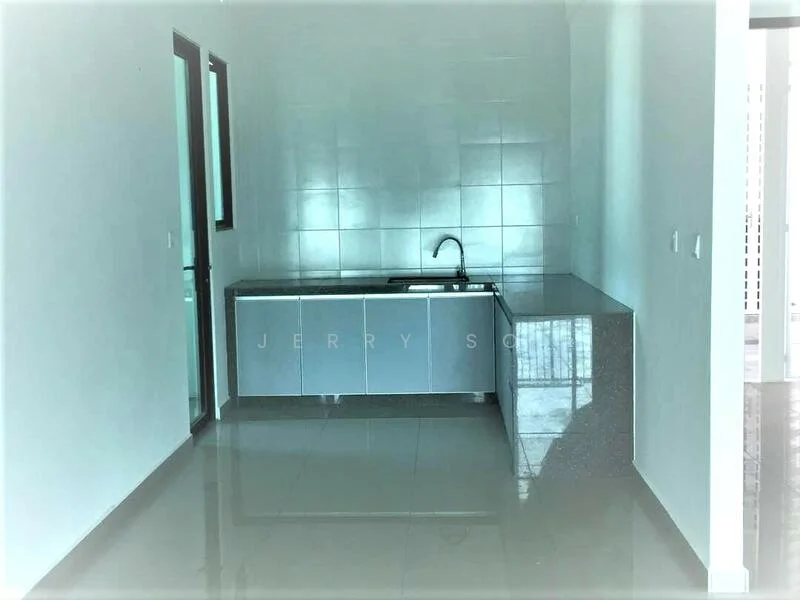 Kitchen features: single-bowl stainless-steel sink, chrome pull-down faucet, grey laminate cabinetry, black granite countertop, white tiled backsplash, ceramic tile flooring, recessed downlights, floor-to-ceiling windows; style: modern.