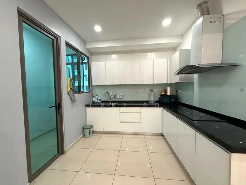 Kitchen features: white cabinetry, black countertop, stainless-steel range hood, built-in oven, 4-burner gas hob, single-bowl stainless-steel sink, chrome pull-down faucet, ceramic tile flooring, recessed downlights, glass backsplash, window with sheer curtains, open shelving, kitchen appliances visible; style: modern.