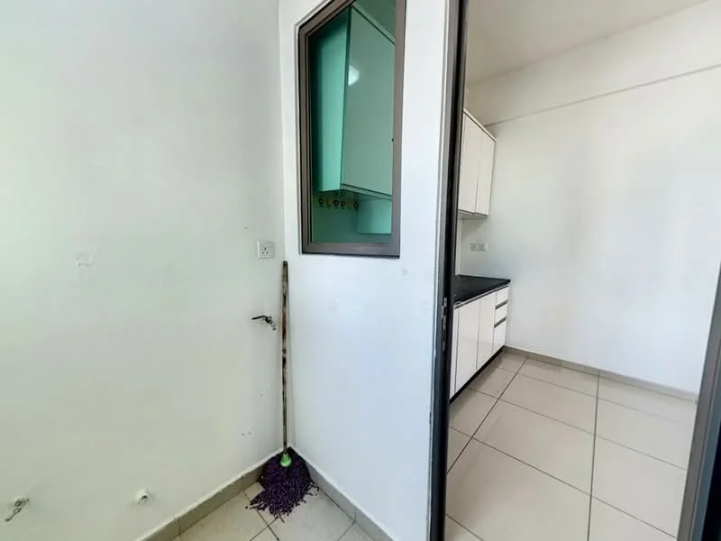 Room features: white painted walls, grey tile flooring, window with black frame, kitchen cabinetry with white finish, black countertop, clean and minimalistic design; style: modern.