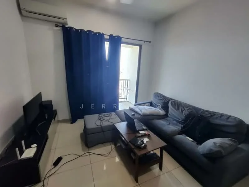 Living features: grey fabric sofa, coffee table, wall-mounted TV, floor-to-ceiling window, blackout curtains, tile flooring, air conditioning unit, decorative wall, electrical outlets; style: modern.