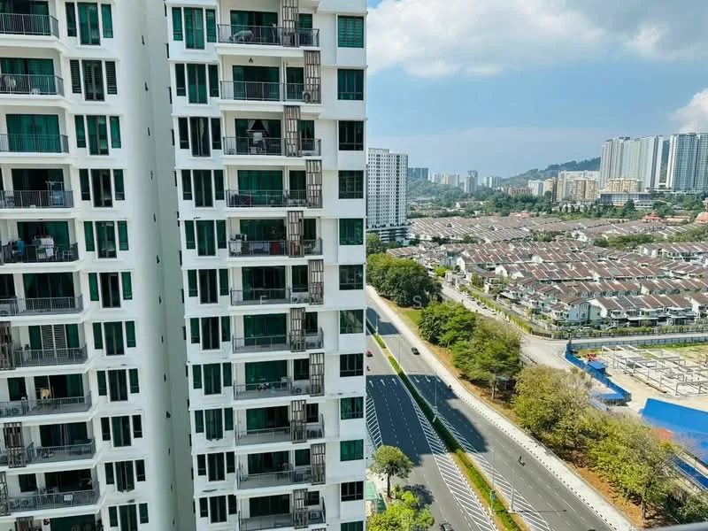 Exterior type: high-rise condominium; features: white painted facade, glass balcony railings, multiple recessed balconies, surrounding urban landscape, view of nearby residential area, roadway visible in foreground, city skyline in background, greenery along the roadside; style: modern.