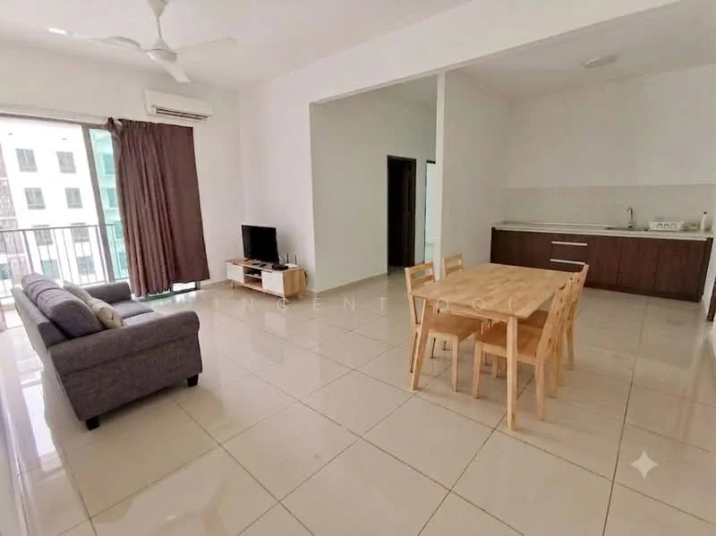 Living features: 3-seater fabric sofa in grey, coffee table, wall-mounted TV, TV console, floor-to-ceiling windows, sliding glass door, white painted walls, ceramic tile flooring, ceiling fan, dining table with 4 chairs, kitchen cabinetry, kitchen countertop, kitchen sink, kitchen appliances; style: modern; view: city.