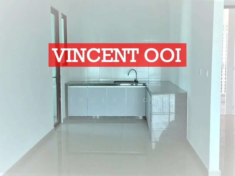 Kitchen features: white cabinetry, grey granite countertop, single-bowl stainless-steel sink, chrome pull-down faucet, white tiled walls, glossy floor tiles, built-in cabinetry, open layout; style: modern.