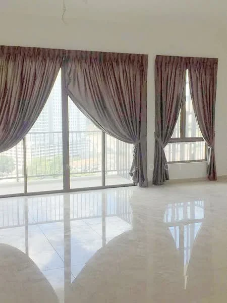 Room features: floor-to-ceiling windows, curtains with floral pattern, white walls, polished marble flooring, balcony access, natural light, city view, high ceiling; style: modern; view: city.