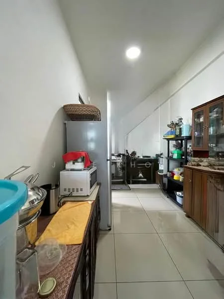 Kitchen features: white painted walls, glossy tile flooring, granite countertop, wood cabinetry, glass-front upper cabinets, stainless-steel fridge, microwave, built-in oven, kitchen sink, kettle, toaster, cooking utensils, open shelving, window with natural light; style: modern.