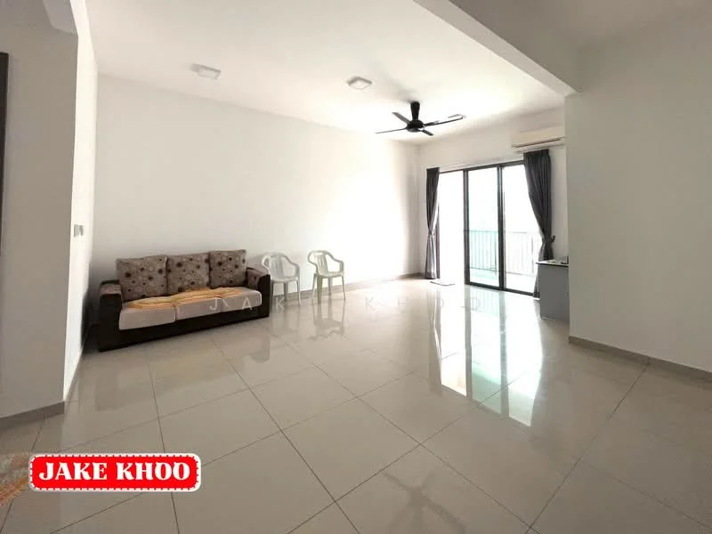 Living features: light-colored painted walls, glossy ceramic tile flooring, 5-blade ceiling fan with light, floor-to-ceiling sliding glass door, curtains, sofa with patterned upholstery, two white plastic chairs, air conditioning unit; style: modern; view: city.