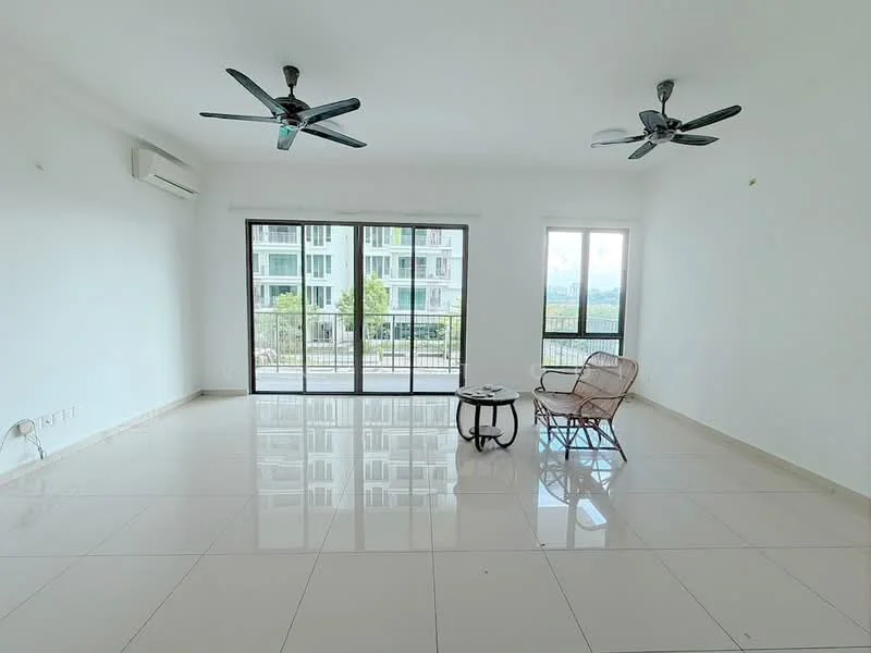 Living features: white painted walls, polished ceramic tile flooring, 2 ceiling fans, floor-to-ceiling sliding glass doors, balcony access, natural light from windows, coffee table, single rattan chair; style: modern; view: city.