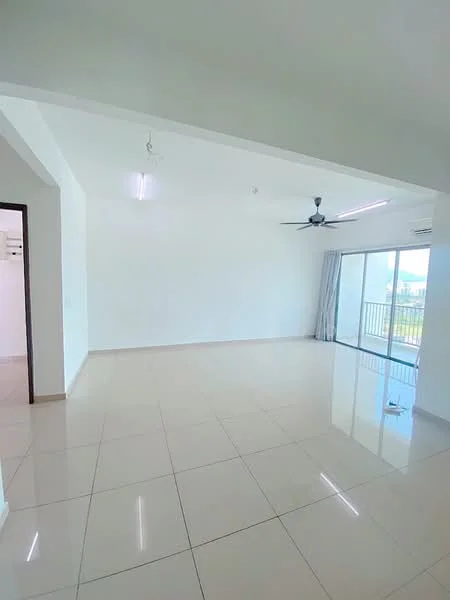 Living features: white painted walls, polished ceramic tile flooring, tray ceiling, 5-blade ceiling fan with light, floor-to-ceiling windows, sliding glass door, curtains, balcony access, recessed downlights; style: modern; view: city.