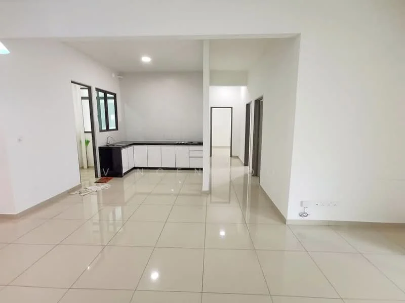 Room features: white painted walls, glossy tile flooring, kitchen cabinetry with black countertop, open layout, large windows for natural light, neutral color scheme, recessed lighting, doorway leading to another room; style: modern.