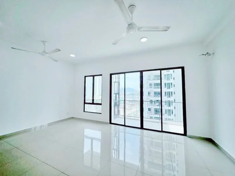 Living features: white painted walls, glossy tile flooring, 2 ceiling fans, floor-to-ceiling windows, sliding glass door, balcony access, natural light, city view; style: modern; view: city.