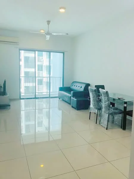 Living features: 3-seater leather sofa in black, glass dining table for 4, 4 dining chairs, floor-to-ceiling sliding glass door, white painted walls, polished ceramic tile flooring, ceiling fan, natural light from balcony, TV console, wall-mounted TV; style: modern; view: city.