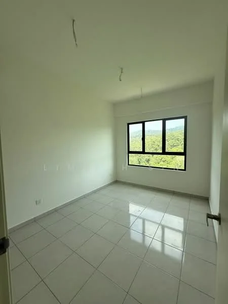 Room features: white painted walls, grey tile flooring, floor-to-ceiling windows, mountain view, no visible ceiling fixtures, single door, natural light; style: modern; view: mountain.