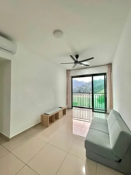 Living features: grey fabric sofa, coffee table, floor-to-ceiling windows, sliding glass door, mountain view, 5-blade ceiling fan, wall-mounted split AC, cream painted walls, tile flooring; style: modern; view: mountain.