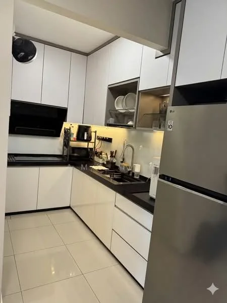 Kitchen features: white shaker cabinets, black granite countertop, stainless-steel sink, chrome pull-down faucet, built-in oven, freestanding range oven, stainless-steel fridge, ceramic tile flooring, recessed LED downlights, wall-mounted range hood, open shelving, glass-front upper cabinets, kitchen utensils, coffee machine, toaster; style: modern.