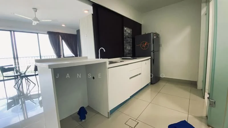 Kitchen features: white cabinetry, single-bowl stainless-steel sink, chrome pull-down faucet, black countertop, built-in refrigerator, ceramic tile flooring, wall-mounted split AC, window with city view, open layout with breakfast bar, recessed downlights, grey accent wall; style: modern; view: city.