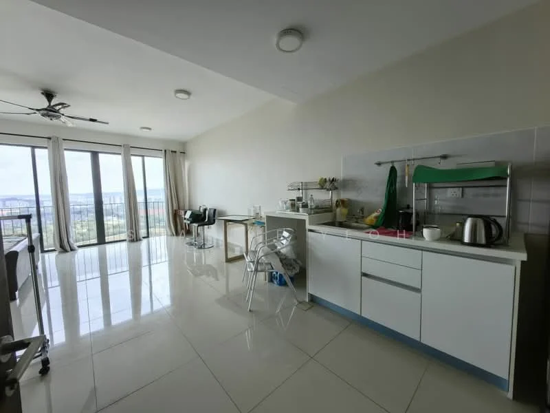 Kitchen features: white cabinetry, stainless-steel sink, chrome pull-down faucet, white countertop, built-in stove, microwave, kettle, bar stools, floor-to-ceiling windows, tile flooring, recessed downlights, ceiling fan; style: modern; view: city. Living features: glass dining table, transparent chairs, office chair, open layout, natural light, curtains, wall-mounted light fixtures; style: modern; view: city.