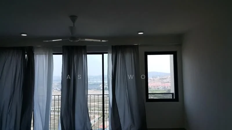 Room features: floor-to-ceiling windows, grey sheer curtains, white walls, recessed downlights, ceiling fan, city view; style: modern; view: city.
