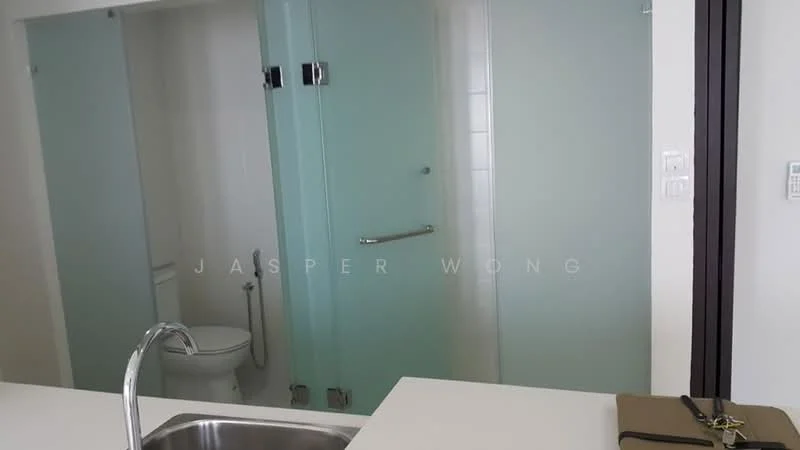 Room features: white walls, glass sliding doors, white tiled flooring, toilet, sink, chrome towel rail, modern fixtures, minimalist design; style: modern.