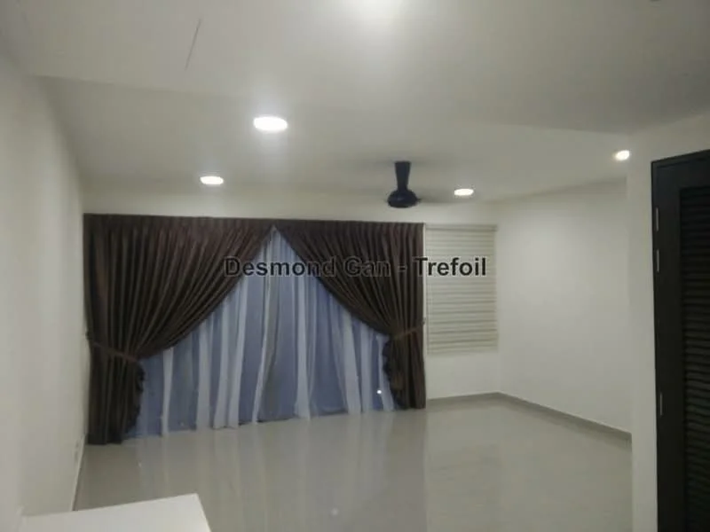 Living features: white painted walls, grey tiled flooring, recessed downlights, 5-blade ceiling fan with light, floor-to-ceiling windows, sheer curtains, dark brown curtains, window blinds; style: modern.